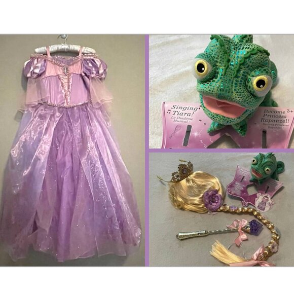 Disney Store Deluxe Rapunzel Light Up Dress With Singing Crown Wig & Pascal